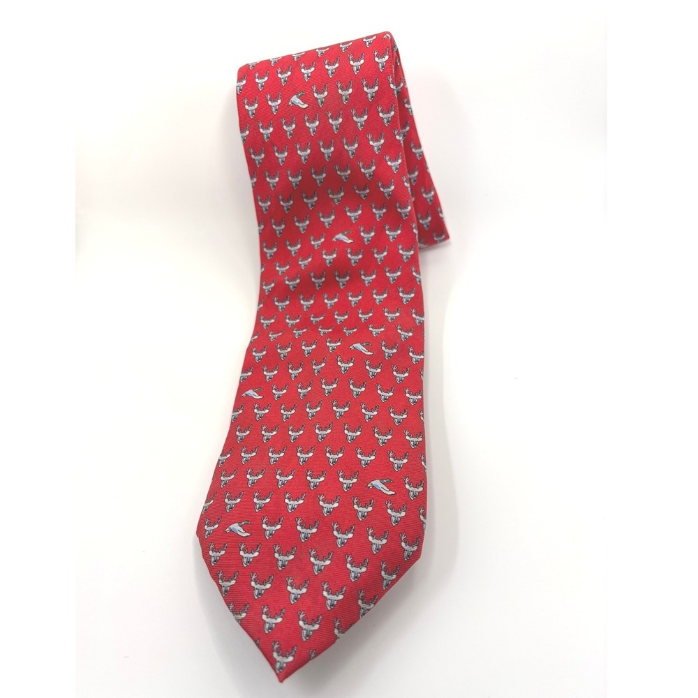 Nola Couture Mens Red Silk Tie Deer Head Mallard Duck Sporting Pattern Necktie